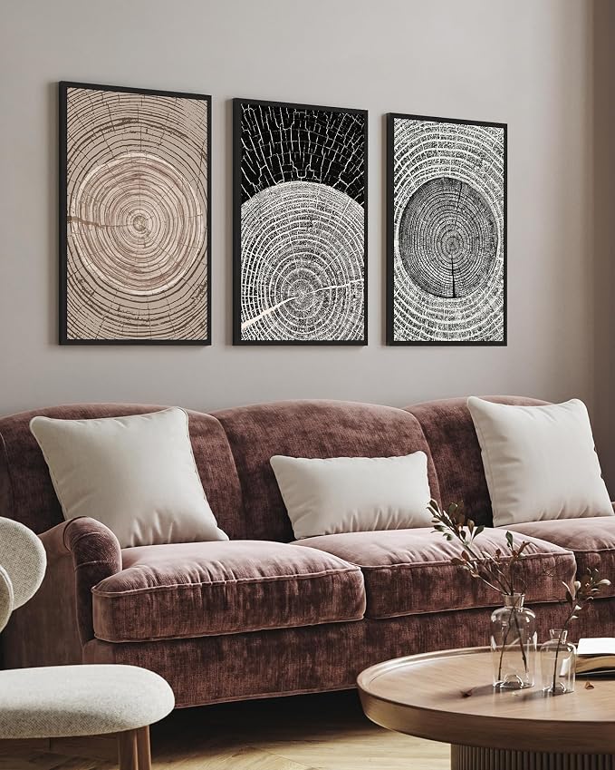 PHOPAGO Vintage Wood Tree Rings Wall Art Large 16x24in Farmhouse Rustic Framed Canvas Paintings Living Room Bedroom Decor Nature Artwork Black Framed