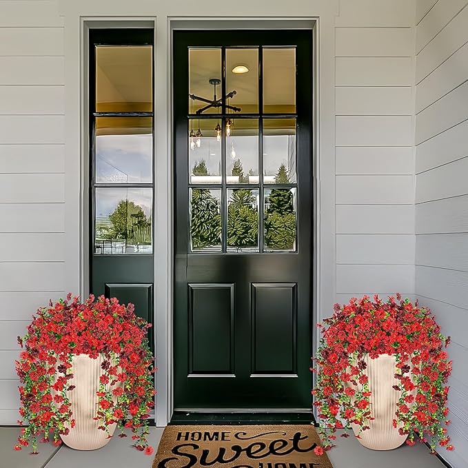 Hrobek Artificial Fake Hanging Plants Flowers for Spring Outdoor Outside Decor, Faux Mums Silk Realistic Flower, 2 Pcs UV Resistant Look Real Plastic Decorations for Porch Home Patio Balcony Yard