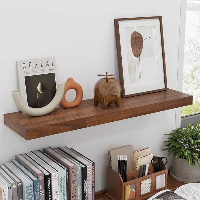 fuqing 30 Inch Floating Shelves for Wall, Rustic Wood Floating Shelves for Wall Set of 2, 30'' Long Wooden Wall Shelves for Living Room Bedroom Bathroom Home Office - Walnut