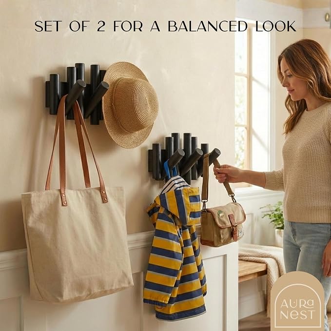 Bamboo Piano Coat Rack Wall Mount Set of 2, Flip Down Retractable Wooden Hooks for Entryway Hallway Mudroom | Matte Black Multi Hook Wall Hanger, 2-Pack 3 Hooks Organizer