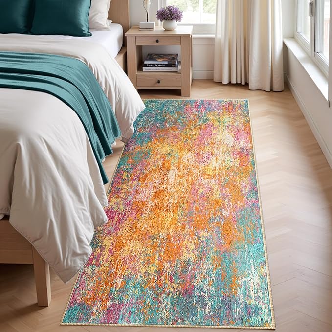 RELEANY Washable Area Rugs 2'x10' Non-Slip Modern Abstract Soft for Living Room Entryway Bedroom Nursery, Print Pattern, Orange Blue Pink Yellow Colorful