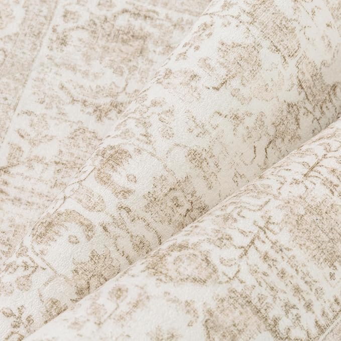 PureCozy Beige Area Rug 10x12 Machine Washable Large Vintage Living Room Distressed Non Slip Carpet Traditional Indoor Bedroom Retro Floral Accent Throw Rug for Office Kitchen Dining Room