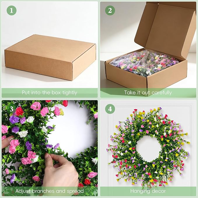Spring Wreaths for Front Door, 22 Inch Farmhouse Colorful Cottage Wreath, 252 Silk Artificial Carnation Floral with Plastic Greenery Green Leaves Hanging for Porch, Home Summer Decorations