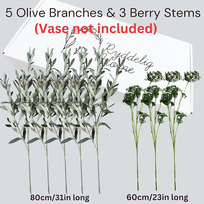 RyddeligHome Faux Arrangement - Olive & White Berry, Realistic Artificial Greenery Stems for Vase, Winter Floral Arrangement for Farmhouse Home Decor, Christmas Table Centerpiece Decor