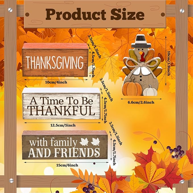 Lineshading 4 Pcs Thanksgiving Decoration for Home Wooden Turkey Decor Thanksgiving Table Centerpiece Fall Tiered Tray Decor Rustic Decorative Turkey Block Signs Gift for Home Kitchen Shelf