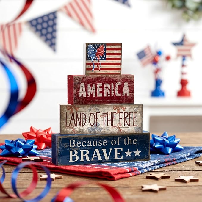 CroBlissful 4 Pcs 4th of July Decorations Patriotic Memorial Day Tabletop Decoration Red White Blue Table Centerpieces 250th Anniversary Wooden Fourth of July Sign for Office Tiered Tray Home Shelf