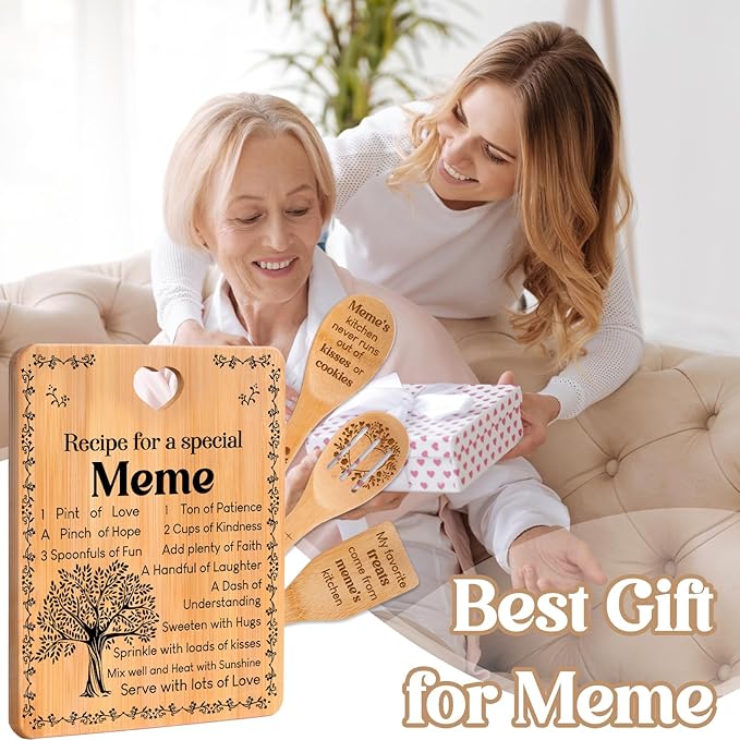 Meme Gifts - "Recipe for a Special Meme" Meme Gifts for Grandma Cutting Board Set, Bamboo-Made Engraved Utensil Set Gifts for Meme Cutting Board, Mothers Day Gifts for Meme.