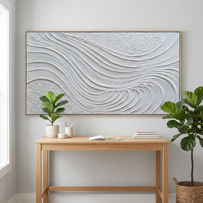 The Mode Art Abstract 3D Textured Wall Art White Waves Canvas Print Modern Minimalist Framed Wall Decor for Living Room Bedroom Office 24x48inch