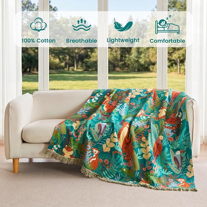 MSGKV Throw Blanket for Bed Cotton Animals Twin Size Couch Blanket 60"x80" Muslin Summer Breathable Lightweight Farmhouse Blankets Home Decor All Seasons