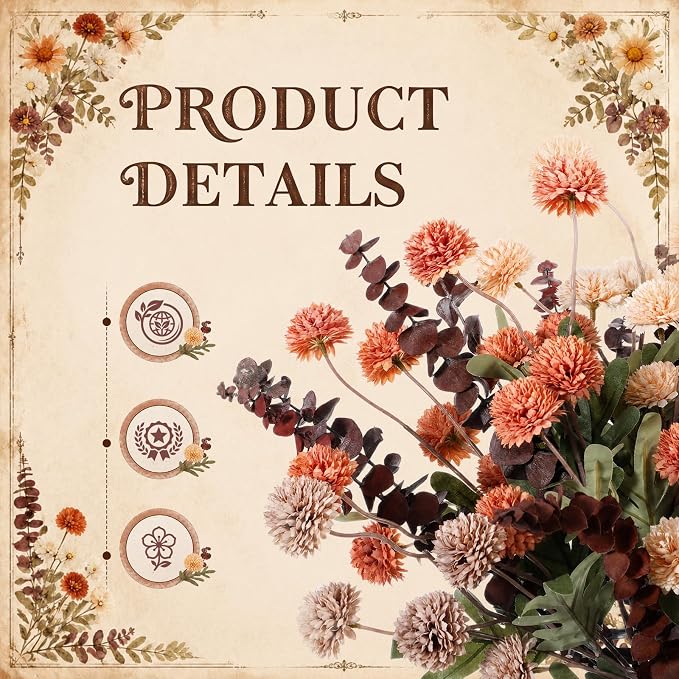 Hoteam 36 Pcs Artificial Chrysanthemum Flowers Bouquet with Dried Eucalyptus Leaves 15 Stems Fake Mums 21 Stems Preserved Eucalyptus for Vase Home Decor Wedding Centerpieces (Burnt Orange)
