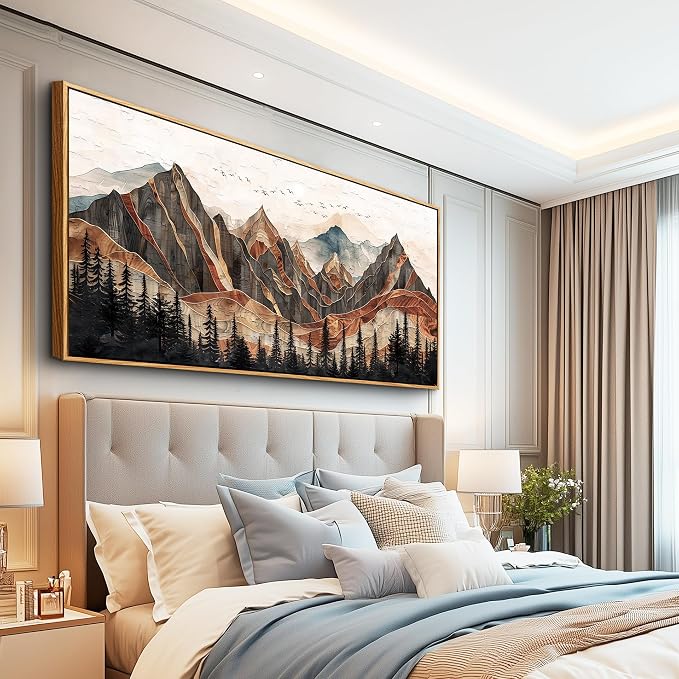 XIGUANGART Framed Boho Landscape Large Wall Art, Abstract Sun Mountain Canvas Wall Decor Painting, Modern Forest Botanical Aesthetic Poster Print Picture for Living Room Bedroom Home Office 30x60 Inch