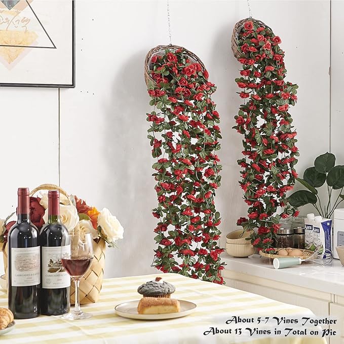 PONKING 8 Pcs x 8.2 ft Flower Garland Artificial Rose Vine Flowers with Green Leaves Hanging Fake Roses Vine for Room Party Home Wedding Birthday Christmas Wall Arch Decor, Spring Red Flower