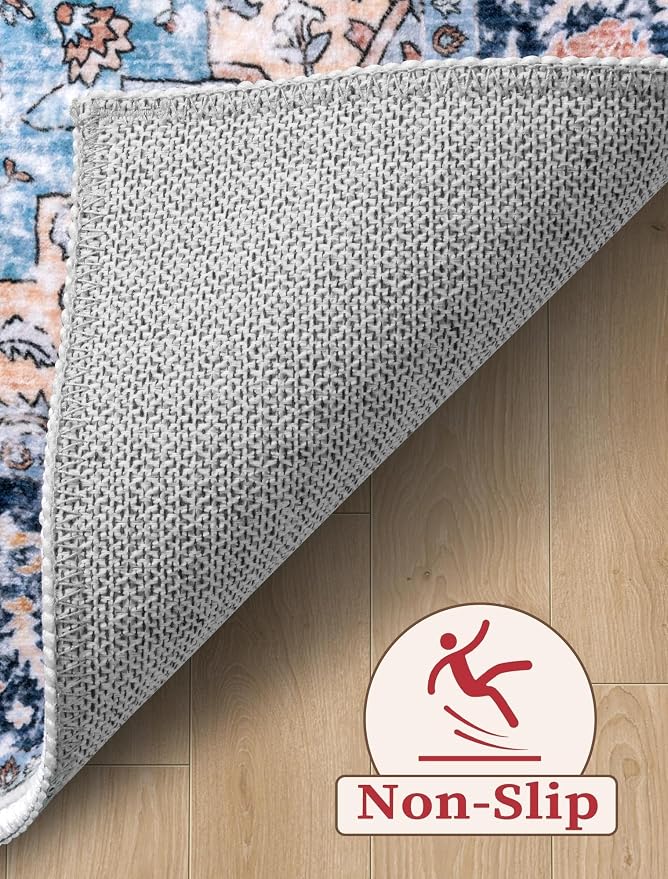 SERISSA Runner Rug for Hallways, 2'6"x16' Washable Non Slip Kitchen Runner Rug, Extra Long Boho Rug Ultra Soft Vintage Blue Orange Print Floor Carpet for Bedroom Hallway Entryway Bathroom Laundry Room