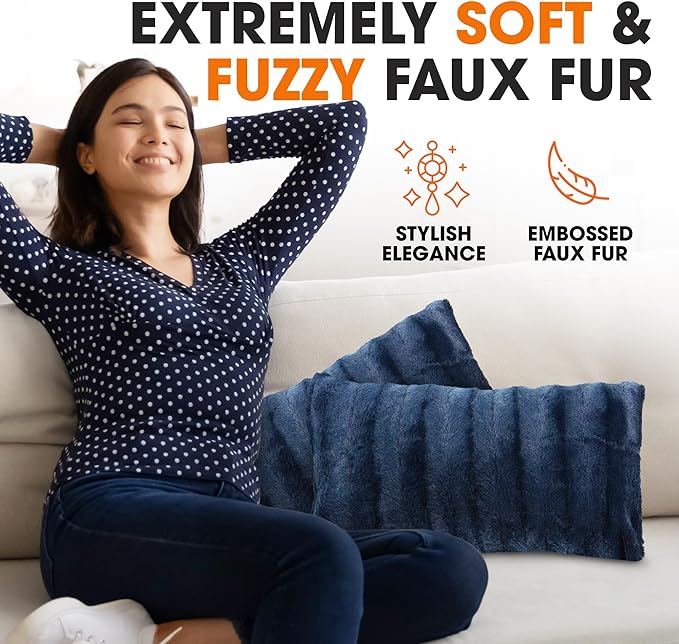 Cheer Collection Faux Fur Throw Pillows - Decorative Pillows for Couch, Bed Throw Pillows, Blue Accent Pillows for Bedroom or Living Room Aesthetic, Set of 2 Furry Throw Pillows, 12" x 20"