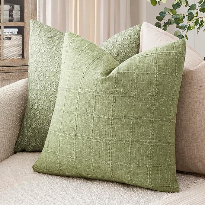 Foindtower Set of 2 Decorative Linen Check Throw Pillow Covers Neutral Farmhouse Vintage Cushion Covers Modern Boho Accent Home Decor for Sofa Chair Couch Bedroom Living Room,18×18 Inch,Light Green