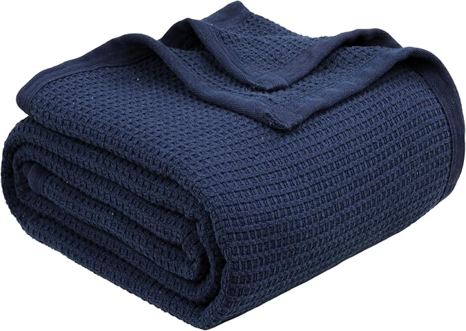 TreeWool Premium 100% Cotton Waffle Summer King Blanket (90"x108", Navy) | 420 GSM Breathable Lightweight Moisture Wicking Soft Knit Thermal Blanket for Bed or Sofa All-season Comfort Machine Washable