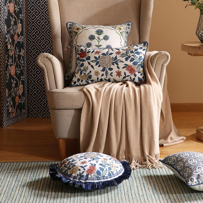 patdrea Designer Vintage Linen Throw Pillow Cover,12"x20",Set of 2-Ivar A | Decorative Pillow Cover,Blue and White Floral Pattern,Pillow Case for Couch Living Room Bedroom Sofa Outdoor