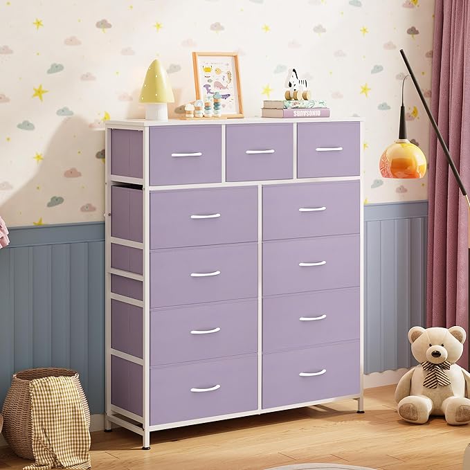 WLIVE Storage Organizer Unit with 11 Fabric Bins, Storage Drawers Organizer with Steel Frame, Tall Storage Tower Organizaton for Living Room, Hallway, Office, Purple