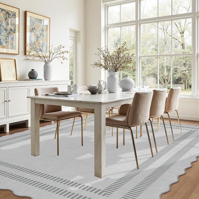 8x10 Area Rugs, Scalloped Grey Modern Living Room Rug, Solid Large Machine Washable Rug Non-Slip, Soft Lightweight Carpet for Bedroom Playroom Dining Room