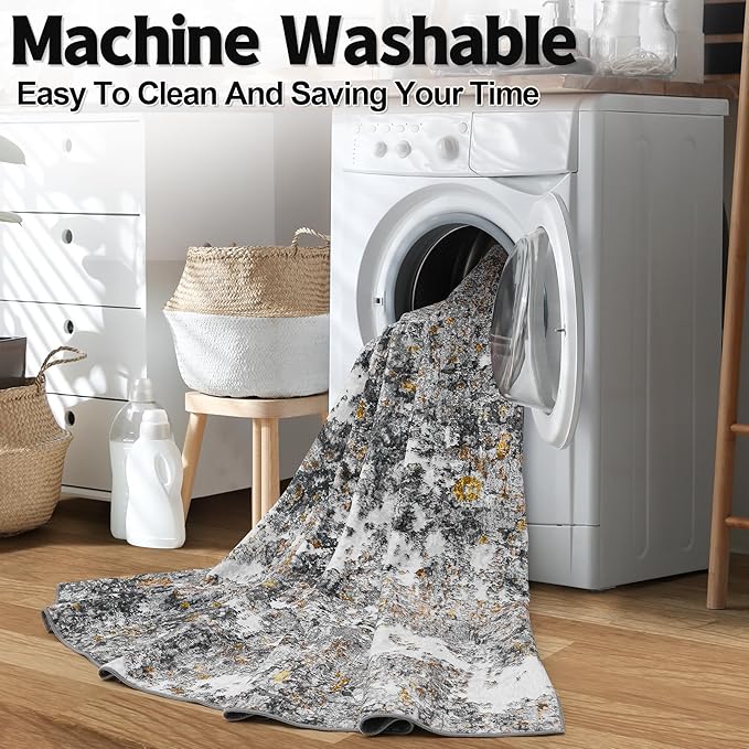 Area Rug Living Room Rugs: 5x7 Washable Rug with Anti-Slip Backing Non-Shedding Stain-Resistant Foldable Modern Abstract Carpet for Bedroom Dining Room Nursery Home Office (Gray/Multi)