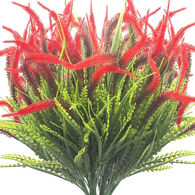 Grunyia 10 Bundles Artificial Plants Outdoor Fake Grass with Flowers UV Resistant Greenery Garden Porch Window Box Decorating (Red)