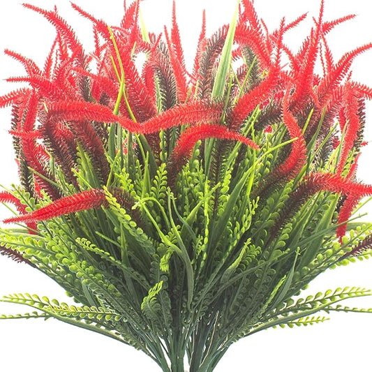 Grunyia 10 Bundles Artificial Plants Outdoor Fake Grass with Flowers UV Resistant Greenery Garden Porch Window Box Decorating (Red)