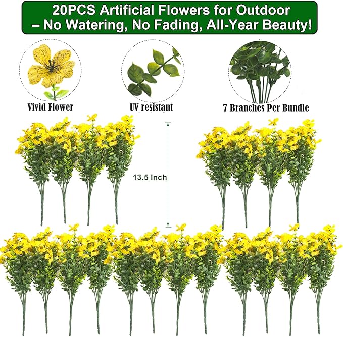Grunyia 20 Bundles Artificial Flowers for Outdoors, UV Resistant Fake Plants Flowers Greenery Shrubs Plants for Decoration Outside Plants Hanging Planter Home Garden Decor (Yellow)