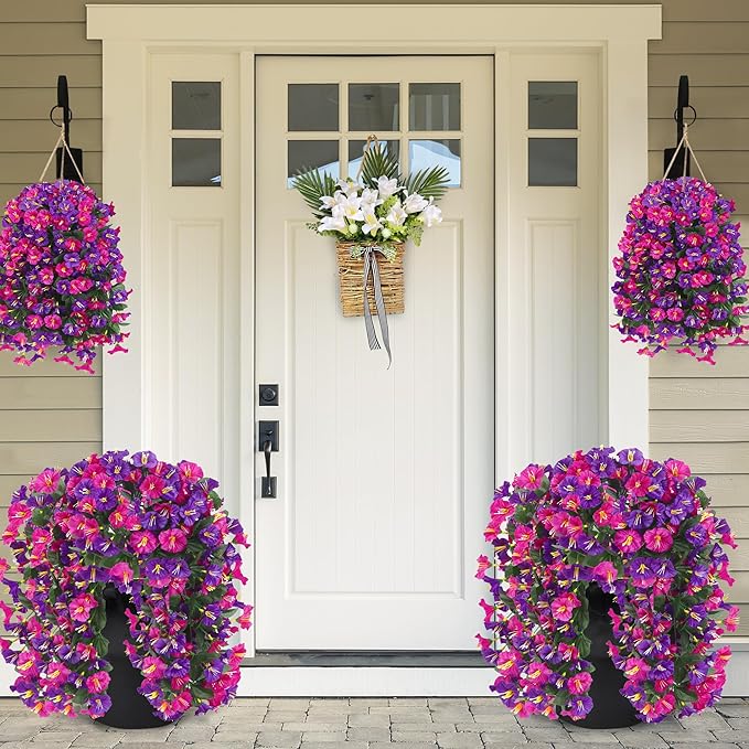 Artificial Fake Hanging Flowers Plants for Outdoor Outside Spring Summer Decoration 4PCS Faux Silk UV Resistant Realistic Morning Glory Trailing Vines for Home Porch Patio Balcony(Purple & Magenta)