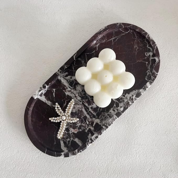 Natural Marble Oval Tray Ornaments Vintage Small Tray Storage Dish for Counter, Vanity, Dresser, Nightstand and Desk (Rosa Levanto)
