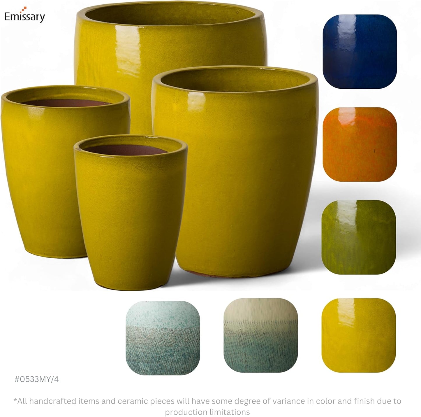 Emissary Bullet 14 in. Mustard Yellow Ceramic Round Planter (14 in. L x 14 in. W x 15.5 in. H) with Drainage Hole
