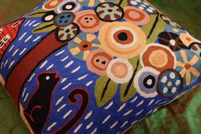Blue Tree of Life Throw Pillow Cover | Karla Gerard Floral Pillows | Blue Flower Pillows | Floral Chair Cushion | Flower Couch Pillow | Hand Embroidered Cushions Wool Size - 18x18