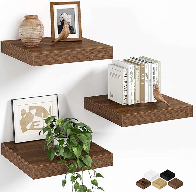 Fun Memories Floating Shelves for Wall, 12 Inch Set of 3 Rustic Wood Wall Shelves with Invisible Brackets, Heavy Duty Storage Display for Bathroom Bedroom Living Room Kitchen, Walnut