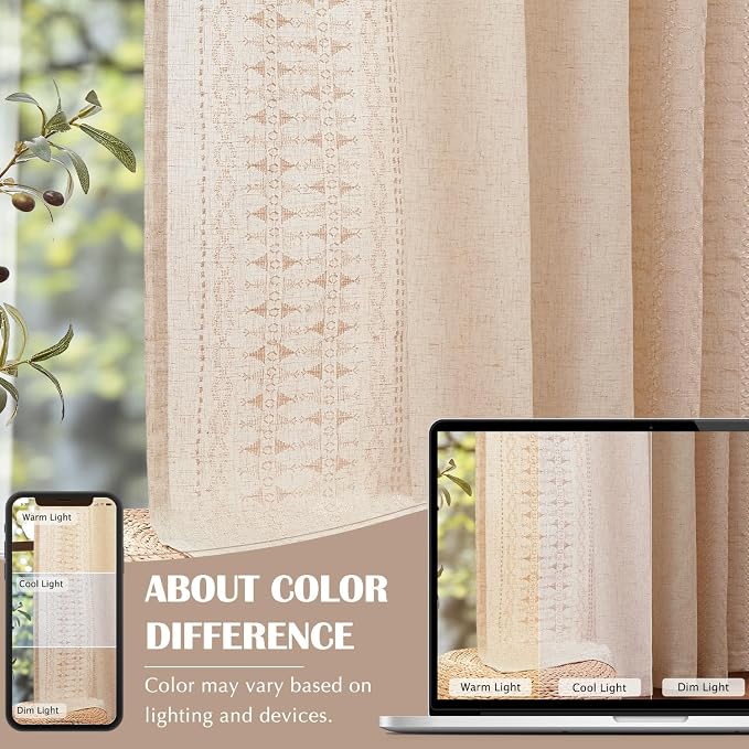 jinchan Boho Curtains for Bedroom Linen Blend Boho Curtains 96 Inches Long 2 Panels Farmhouse Embroidered Drapes for Living Room Drapes Light Filtering Grommet Window Traetments Ivory on Beige