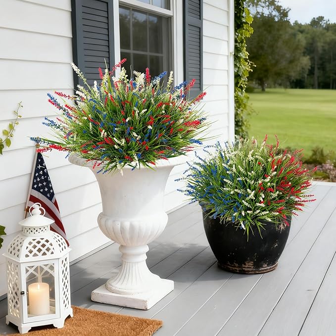 Ammyoo Artificial Faux Plants for Outdoor Spring Decoration, 12 Pcs Fake Monkey Grass for Garden Porch Balcony Planters, Fake Flowers Shrubs UV Resistant No Fade Plants Greenery Bush (Red Blue White)