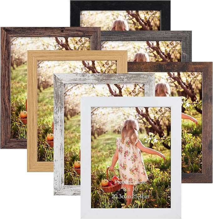 PETAFLOP 8x10 Picture Frame Set of 7 in Multi Color, Distressed Rustic Wooden Frame with HD PS for Wall and Tabletop Display