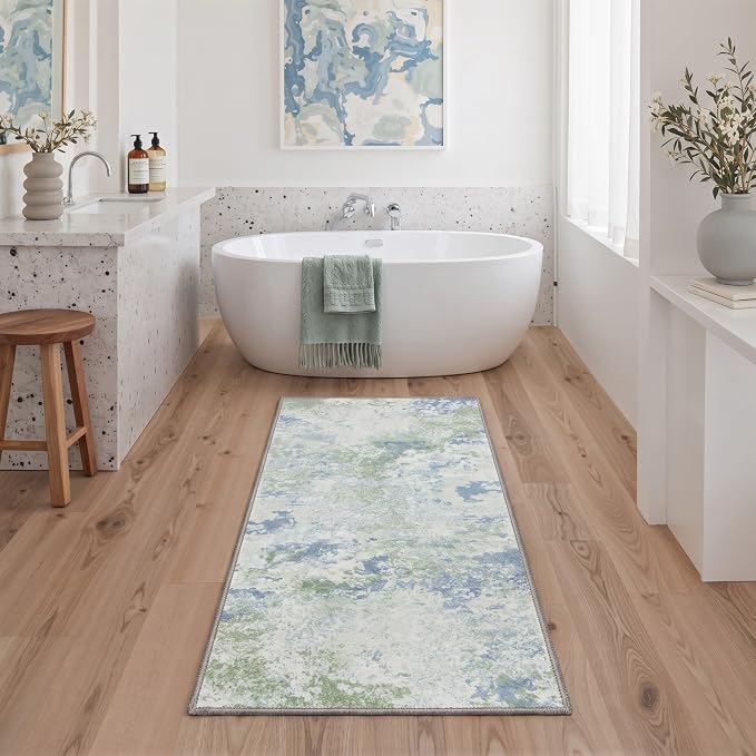 BEIMO Area Rugs 9x12 for Living Room Bedroom, Modern Abstract Machine Washable Rug, Large Soft Low Pile Floor Cover with Non Slip Backing for Dining Room, Blue Green Ivory