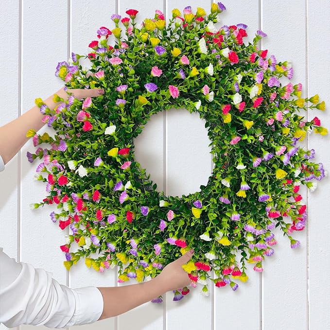 Spring Wreaths for Front Door, 24 Inch Large Farmhouse Colorful Cottage Wreath, Extra-Full 378 Silk Artificial Carnation Floral Wreath, Blossom & Greenery Hanging for Porch, Home Summer Decorations
