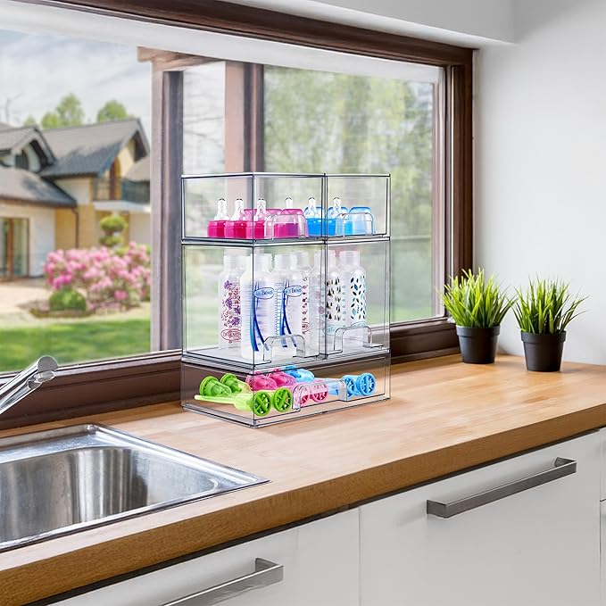Sorbus Stackable Acrylic Storage Drawers – 2 Tall + 1 Wide – 3 Pack Clear Plastic Organizer Bins for Baby Bottles, Makeup, Bathroom & Vanity, Pull-Out Drawer Design for Kitchen Cabinets