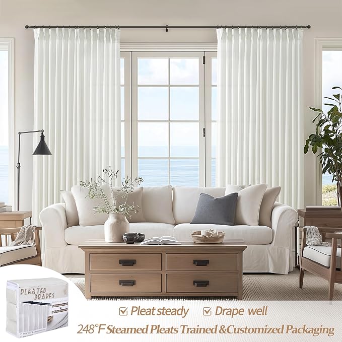 Pinch Pleated Sheer Pure White Curtains 90 Inches Long for Bedroom, Faux Linen Farmhouse Viral Light Filterin Privacy Curtains That Let Light in Kids Room Window Drapes Hooks 40"W x 90"L Panels 2 Set
