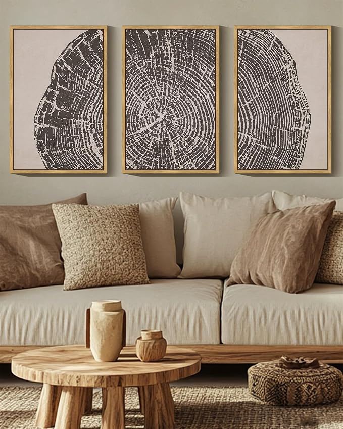 PHOPAGO Farmhouse Vintage Framed Wall Art Large 16x24in Set Gray Wood Tree Ring Spirals Nature Abstract Drawings Rustic Modern Art Decor for Living Room Bedroom - Natural Framed