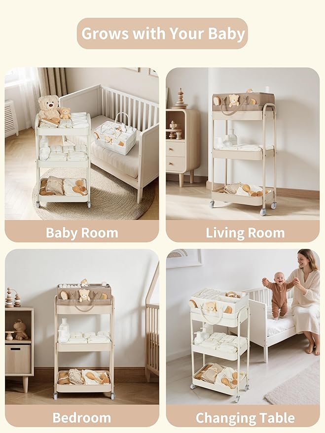 Fortella Baby Diaper Caddy, 3 Tier Rolling Storage Cart for Baby Essentials, Diaper Cart with Detachable Dividers, Storage Organizer & Baby Bottle Organizer for Bedroom, Living Room (Beige)