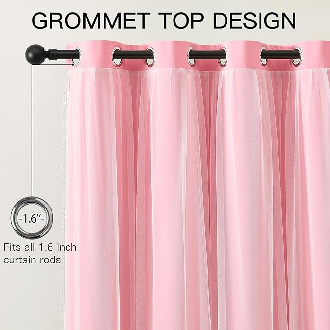 XiDi Double Layer Curtains with Sheer Overlay for Girls Kids Bedroom 96 Inches Long Pink Blackout Curtains Princess Nursery Thermal Insulated Room Darkening Grommet Drapes Lace Hem 2 Panels W52xL96