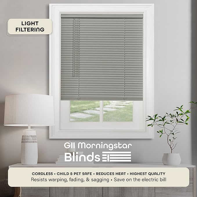 Cordless Light Filtering Mini Blind - 25 Inch Width, 64 Inch Length, 1" Slat Size - Grey - Cordless GII Morningstar Horizontal Windows Blinds for Interior by Achim Home Decor