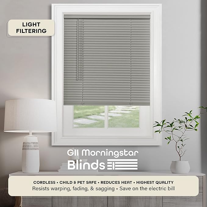 Cordless Light Filtering Mini Blind - 34 Inch Width, 64 Inch Length, 1" Slat Size - Grey - Cordless GII Morningstar Horizontal Windows Blinds for Interior by Achim Home Decor