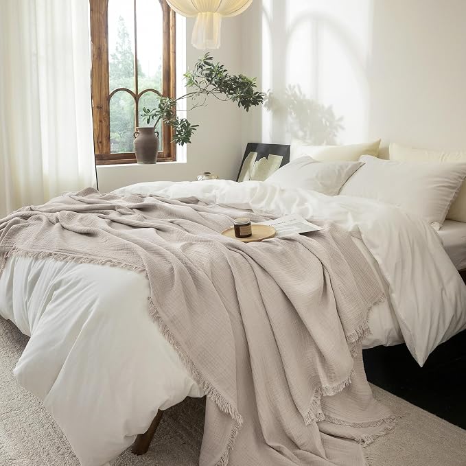 FOSSA Muslin Blanket 4-Layer 100% Cotton Gauze Blanket with Fringe 104"x90" | Super Soft Breathable Lightweight All Season & Decorative Blanket or Bed, Sofa, Office (Beige Gray, King)