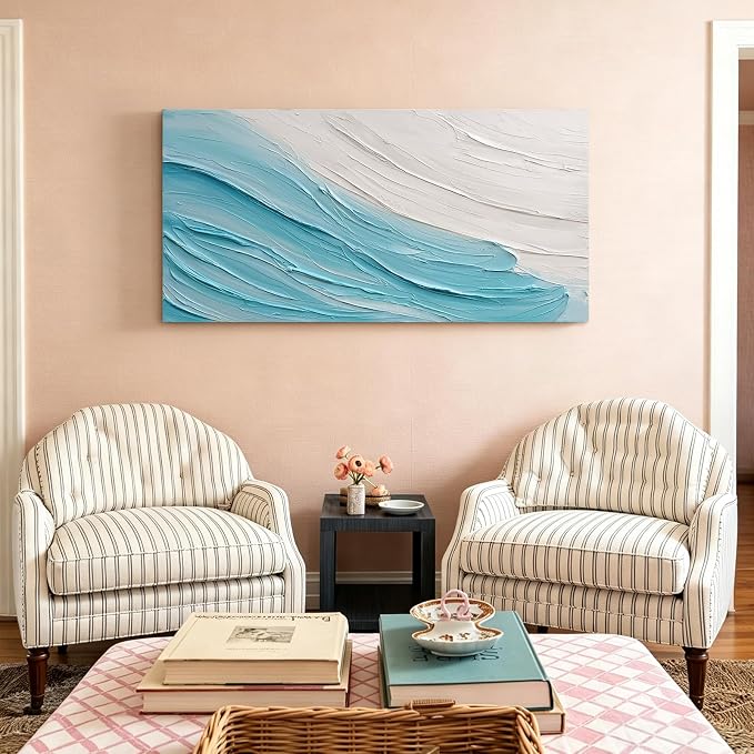 Large Modern Abstract Ocean Wave Canvas Wall Art Coastal Oil Painting Decor | 24x48 In Hand‑Painted Horizontal Minimalist Artwork for Living Room Bedroom Office, Original Blue & White Wall Decor Gifts