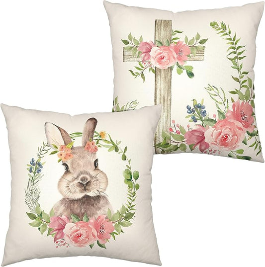Easter Cross Floral Cushion Case Bunny Floral Garland Throw Pillow Case Spring Cotton Linen Square Pillow Covers 20x20 for Indoor Outdoor Sofa Car Set of 2