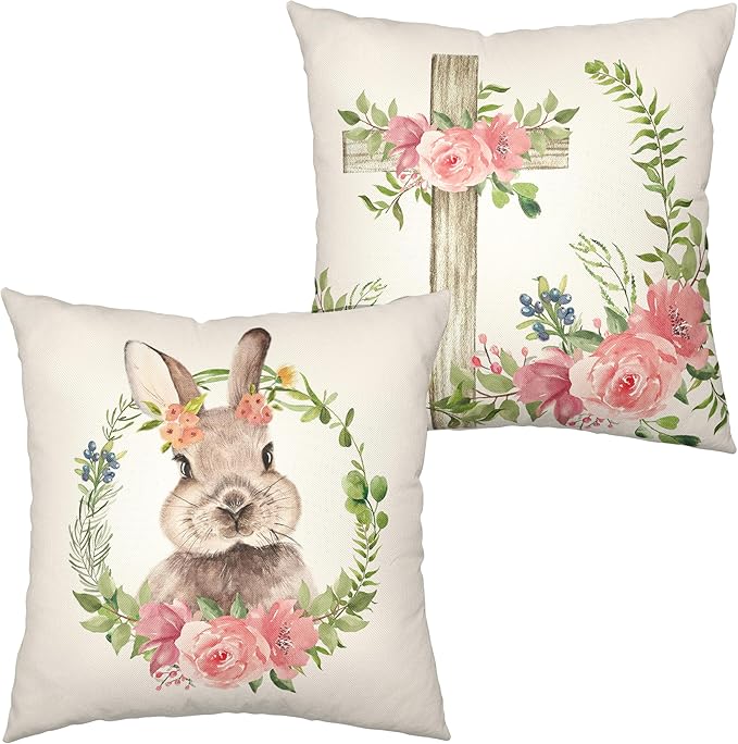 Spring Easter Pillow Covers Bunny Floral Wreath Easter Pillow Case 18x18 Pink Flowers Cross Throw Pillow Covers Set of 2 Cotton Linen Cushion Case for Living Room Couch Sofa