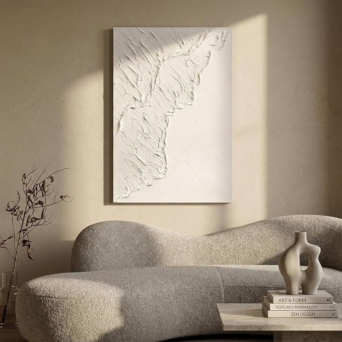 Abstract Ocean Wave Canvas Vertical Wall Art, Modern Textured Oil Painting | Minimalist Vertical Canvas Artwork for Living Room Bedroom Office Neutral Hand-Painted White Wall Art Contemporary Home Decor