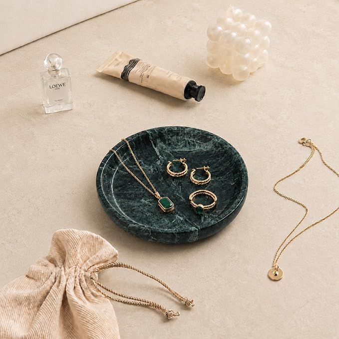 Small Natural Marble Jewelry Tray Key Plate Holder Dish Trinket Decor Catch All Bowl for Ring Earring Stone Gift for Women Daugther,Verde Alpi Green,5.5"